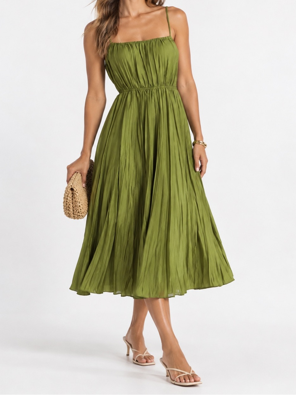NWT Vince Olive Green Pleated Midi Dress Size M